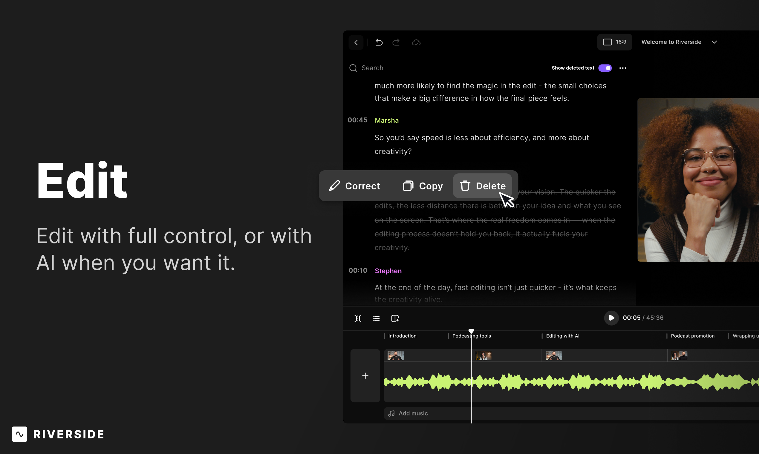 Editor de texto de Riverside: corta el vídeo editando la transcripción con IA