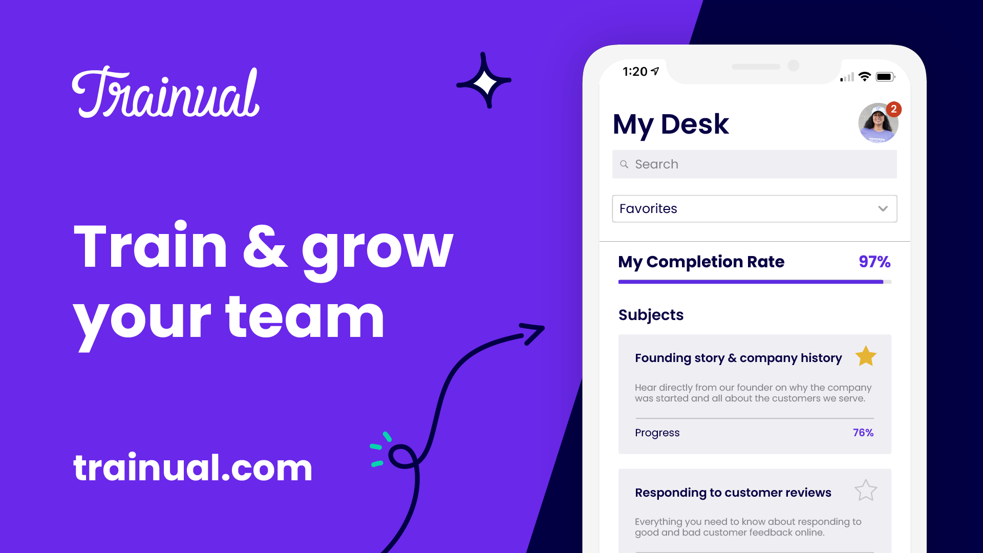 Interfaz de Trainual: My Desk con progreso de formación, temas completados y búsqueda