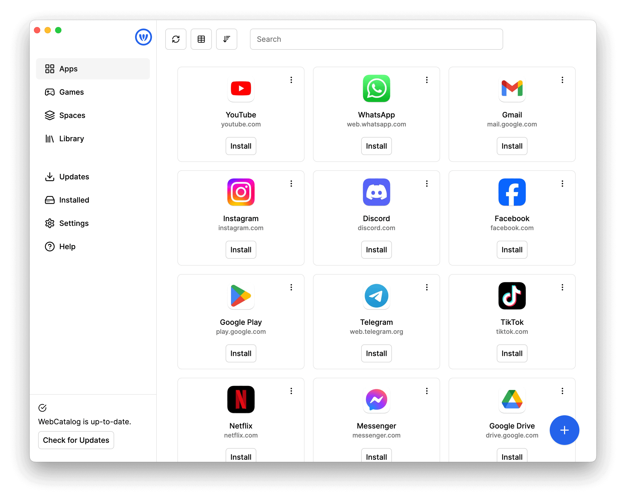 Catálogo de WebCatalog en modo claro mostrando YouTube, WhatsApp, Gmail, Instagram, Discord, Facebook, Telegram, TikTok y Google Drive listos para instalar