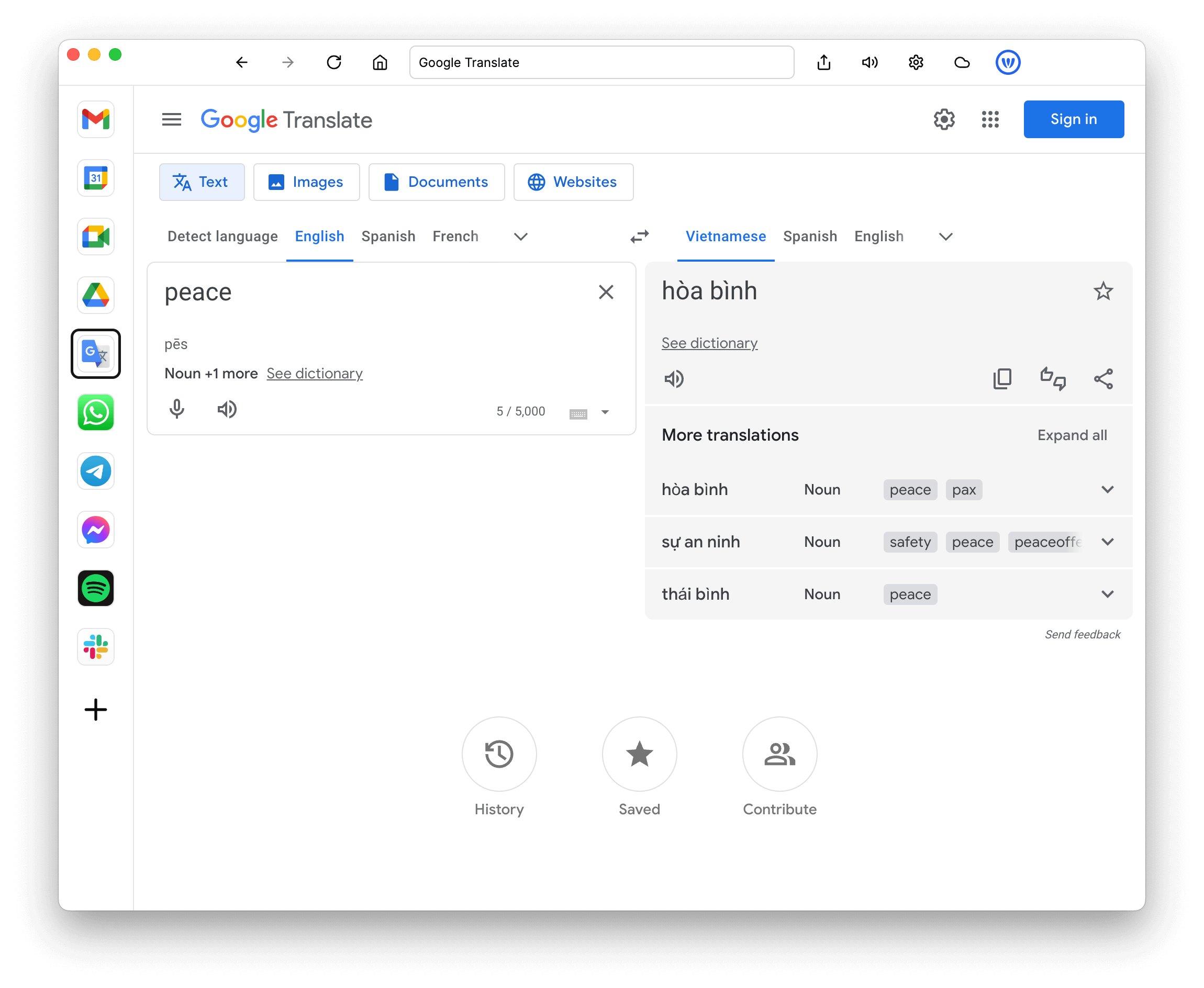 WebCatalog convirtiendo Google Translate en una app de escritorio: ventana propia con barra de navegación WebCatalog y sidebar con apps instaladas (Gmail, Google Meet, WhatsApp, Telegram, Spotify, Slack)